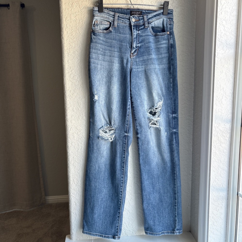 Judy‎ Blue Dad Jeans Womens 5/27 Straight Leg Blue Distressed High Rise